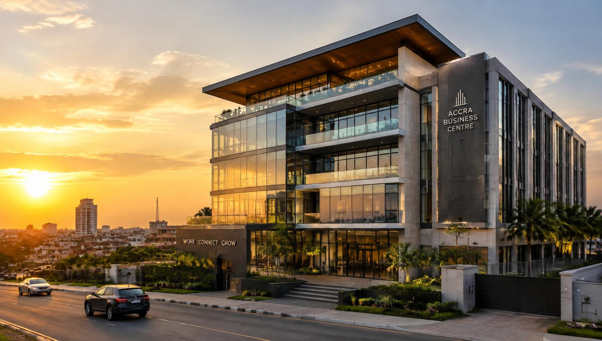 Modern multi-storey commercial building at sunset