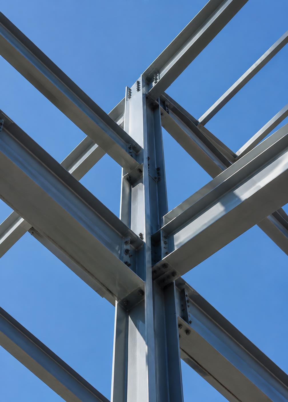 Looking up at steel beams and columns