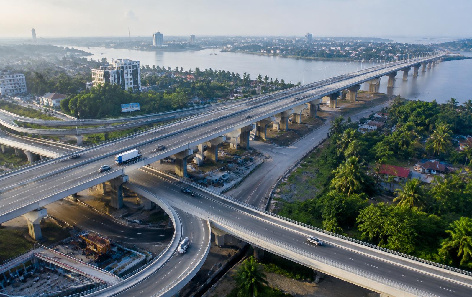 Aerial view of a highway interchange and bridge