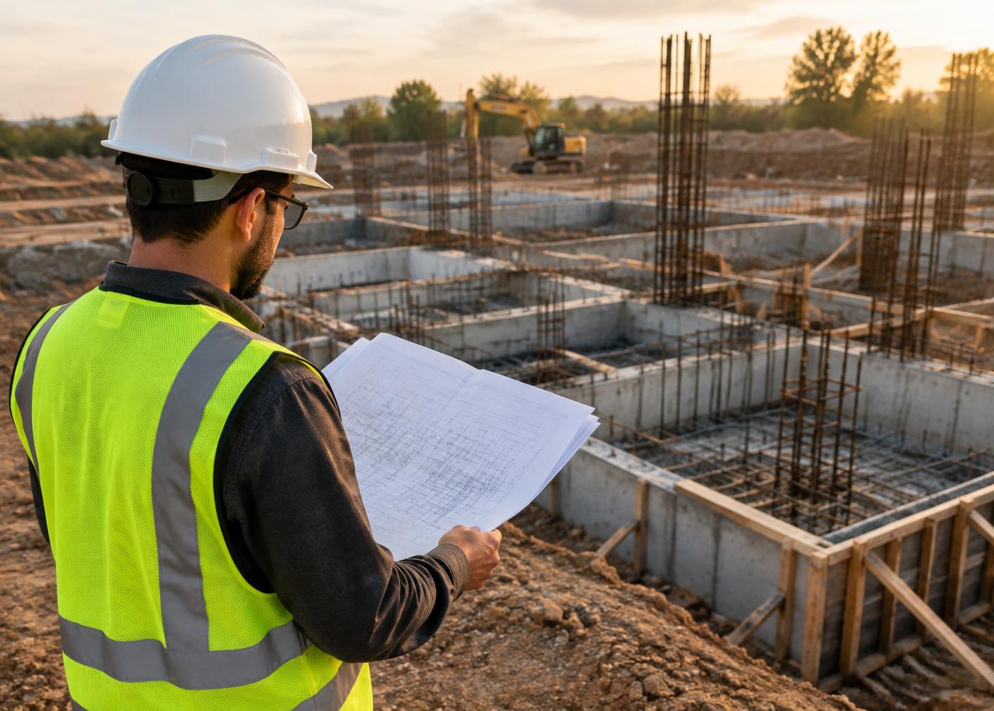 Engineer with drawings overlooking foundation works